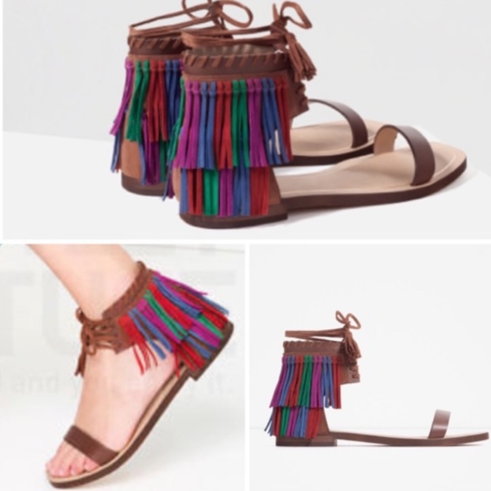 ZARA Fringed Flat Suede Leather Sandals Size 8